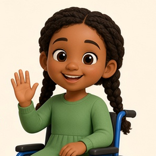 Rosa waving from her wheelchair