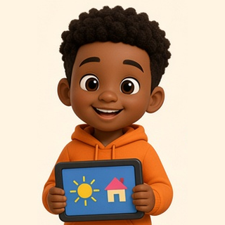 Sam holding his talker (AAC) tablet